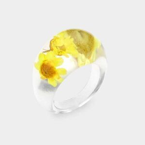 Pressed Yellow Flower Clear Lucite Ring Size 7.5